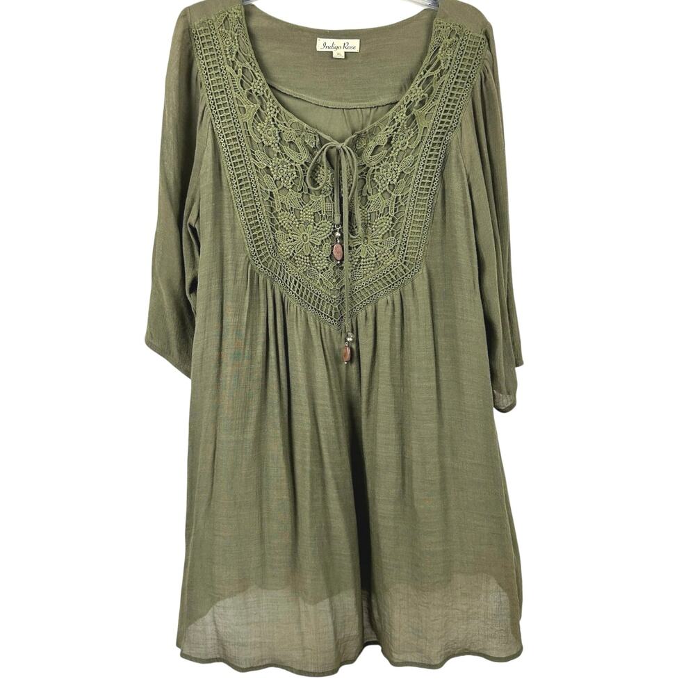 Indigo Rose XL Olive Green Crochet Lace Boho Tunic Dress 3/4 Sleeve Cottagecore